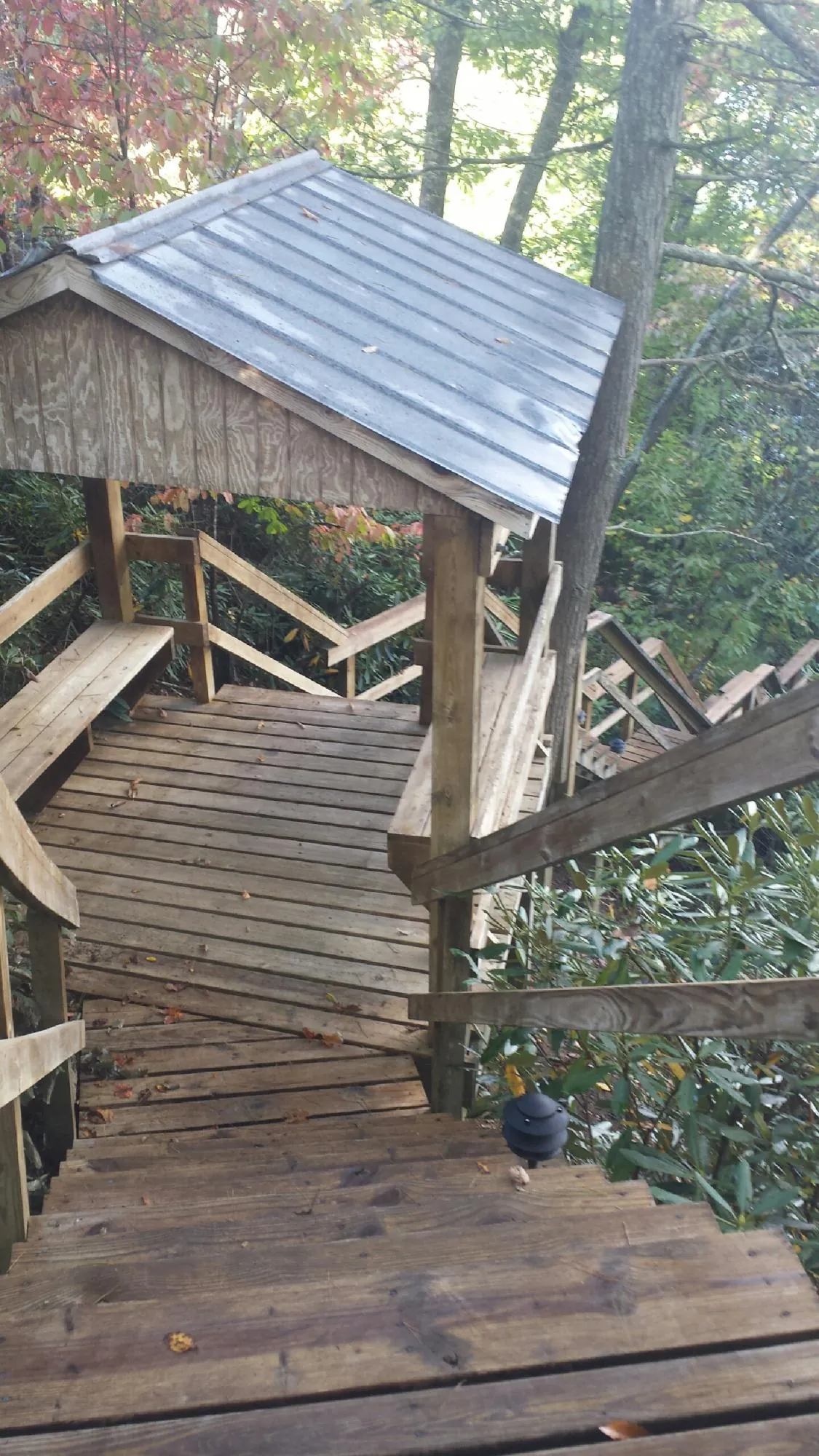 Metal roofed shelter over wooden steps on a wooded walkway — Skylight Repair & Installation work by our crew in Carver